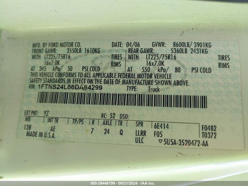 2006 Ford E-250 Commercial/Recreational VIN: 1FTNS24L66DA64299 Lot: 39446199