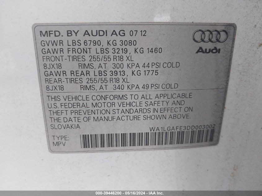 2013 Audi Q7 3.0T Premium VIN: WA1LGAFE3DD003002 Lot: 39446200