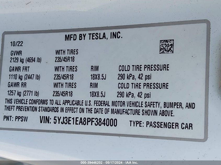 2023 Tesla Model 3 Rear-Wheel Drive VIN: 5YJ3E1EA8PF384000 Lot: 39446202