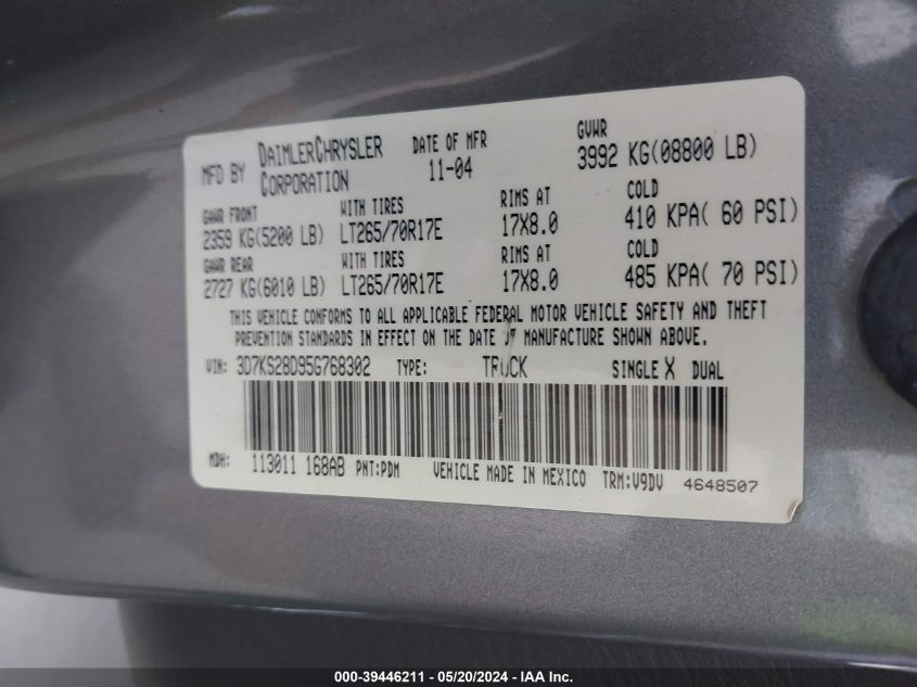 2005 Dodge Ram 2500 Slt/Laramie VIN: 3D7KS28D95G768302 Lot: 39446211