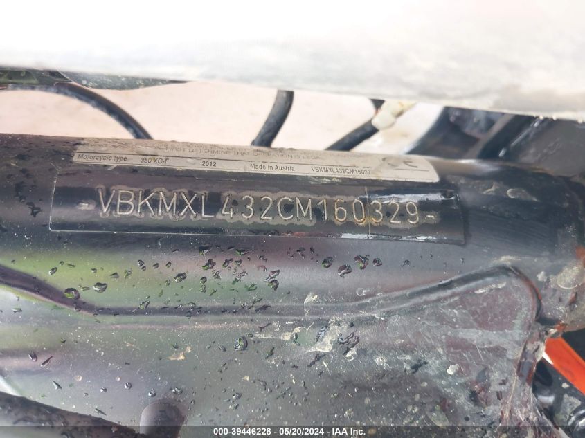 2012 Ktm 350 Sx-F VIN: VBKMXL432CM160329 Lot: 39446228
