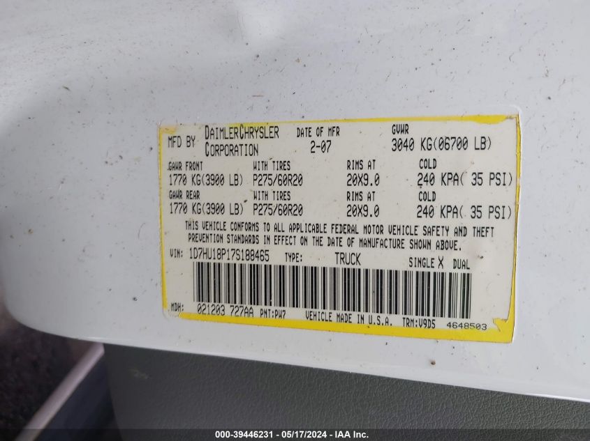 2007 Dodge Ram 1500 Slt/Trx4 Off Road/Sport VIN: 1D7HU18P17S188465 Lot: 39446231