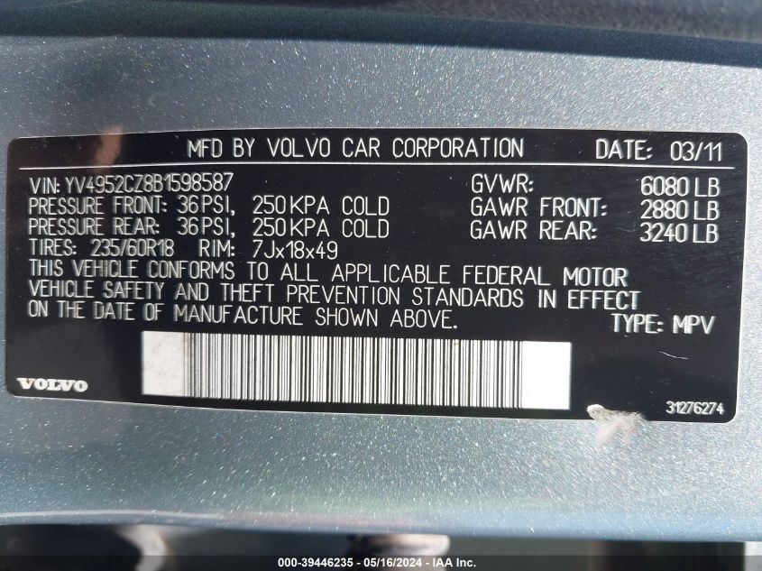 2011 Volvo Xc90 3.2 VIN: YV4952CZ8B1598587 Lot: 39446235