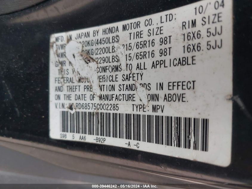 2005 Honda Cr-V Lx VIN: JHLRD68575C002285 Lot: 39446242
