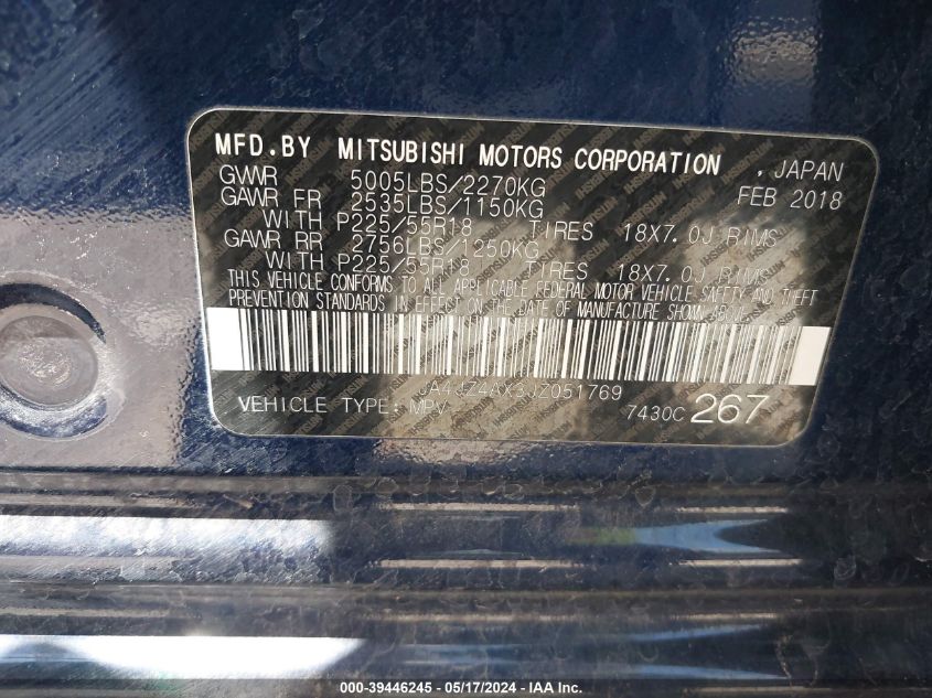 2018 Mitsubishi Outlander Gt VIN: JA4JZ4AX3JZ051769 Lot: 39446245