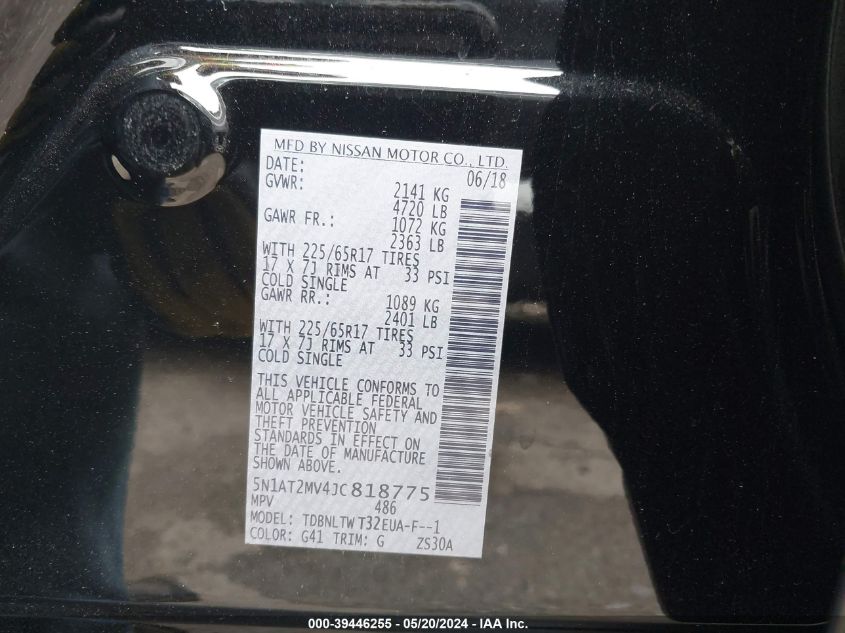 2018 Nissan Rogue Sv VIN: 5N1AT2MV4JC818775 Lot: 39446255