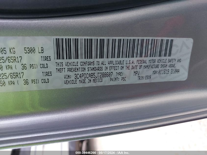 2018 Dodge Journey Se VIN: 3C4PDCAB5JT288607 Lot: 39446266