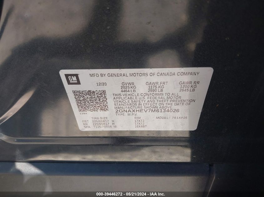 2021 Chevrolet Equinox Fwd Ls VIN: 2GNAXHEV7M6134026 Lot: 39446272