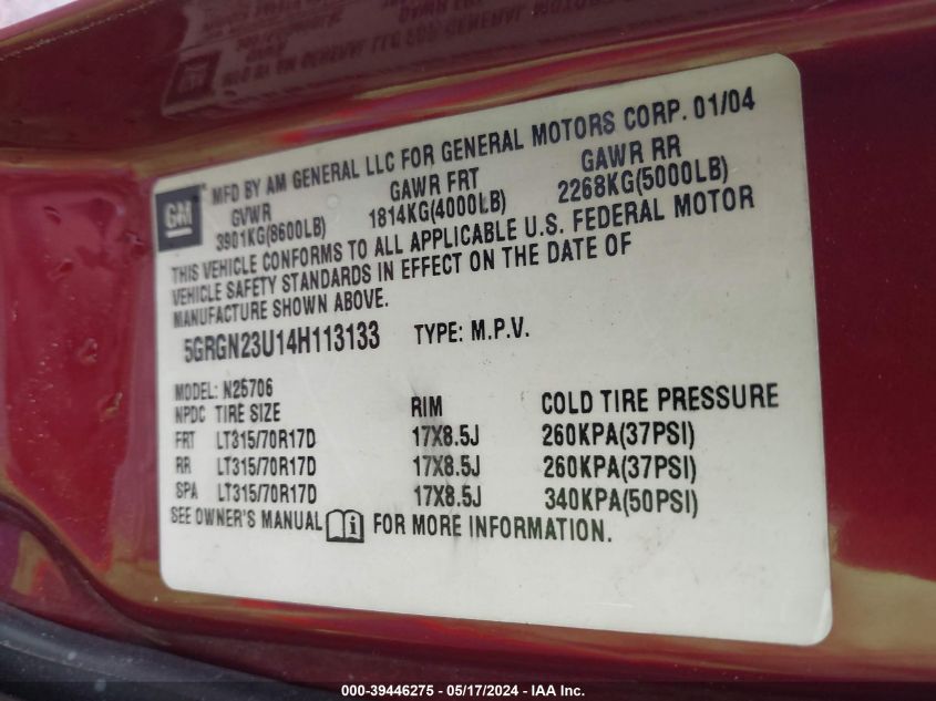 2004 Hummer H2 VIN: 5GRGN23U14H113133 Lot: 39446275