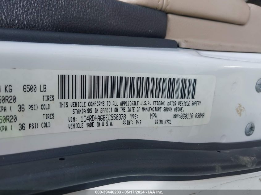 2014 Dodge Durango Sxt VIN: 1C4RDHAG8EC550378 Lot: 39446283