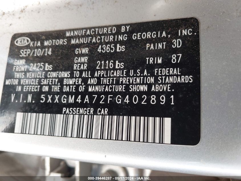 2015 Kia Optima Lx VIN: 5XXGM4A72FG402891 Lot: 39446287