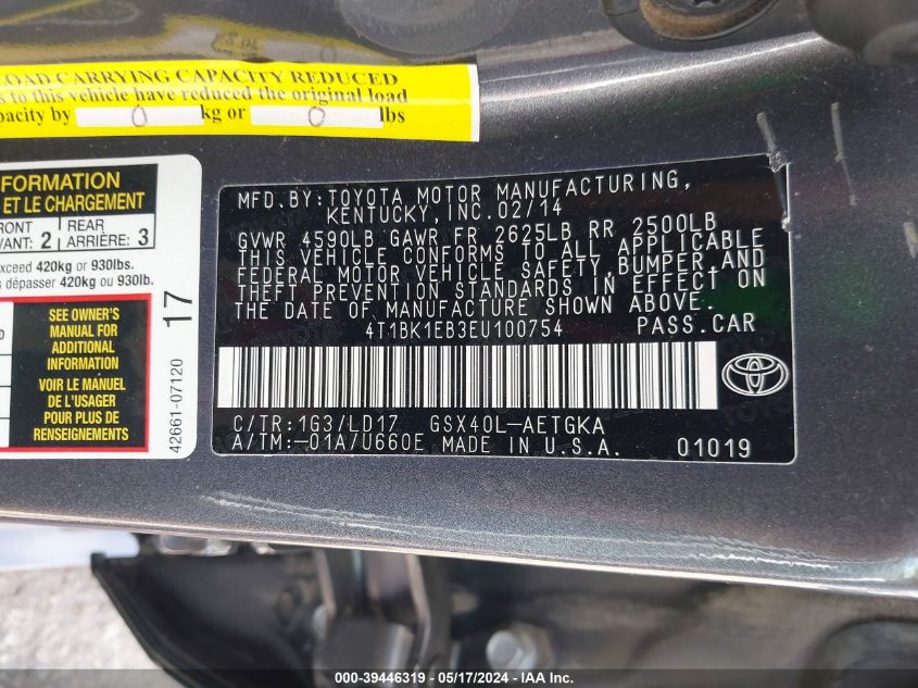 4T1BK1EB3EU100754 2014 Toyota Avalon Xle