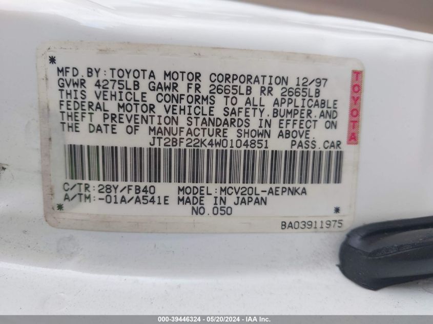 1998 Toyota Camry Ce V6/Le V6/Xle V6 VIN: JT2BF22K4W0104851 Lot: 39446324