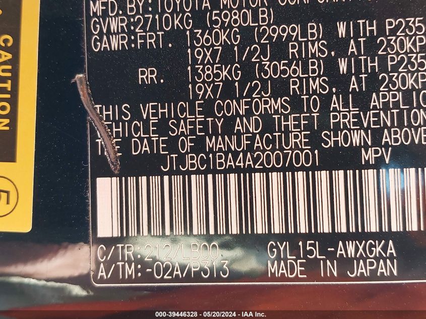 2010 Lexus Rx 450H VIN: JTJBC1BA4A2007001 Lot: 39446328