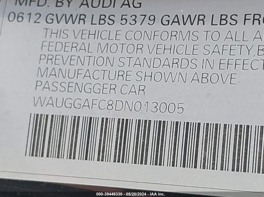 2013 Audi A6 3.0T Premium VIN: WAUGGAFC8DN013005 Lot: 39446330