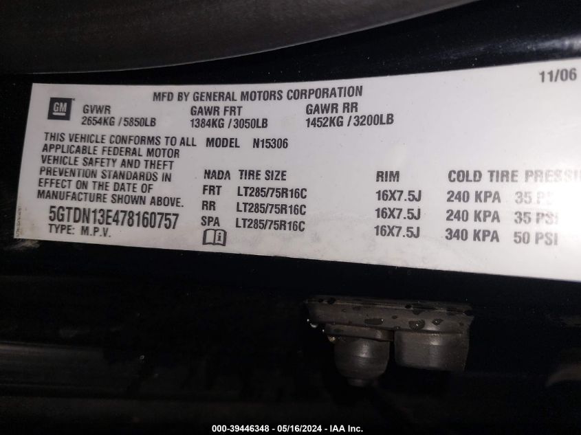 2007 Hummer H3 Suv VIN: 5GTDN13E478160757 Lot: 39446348