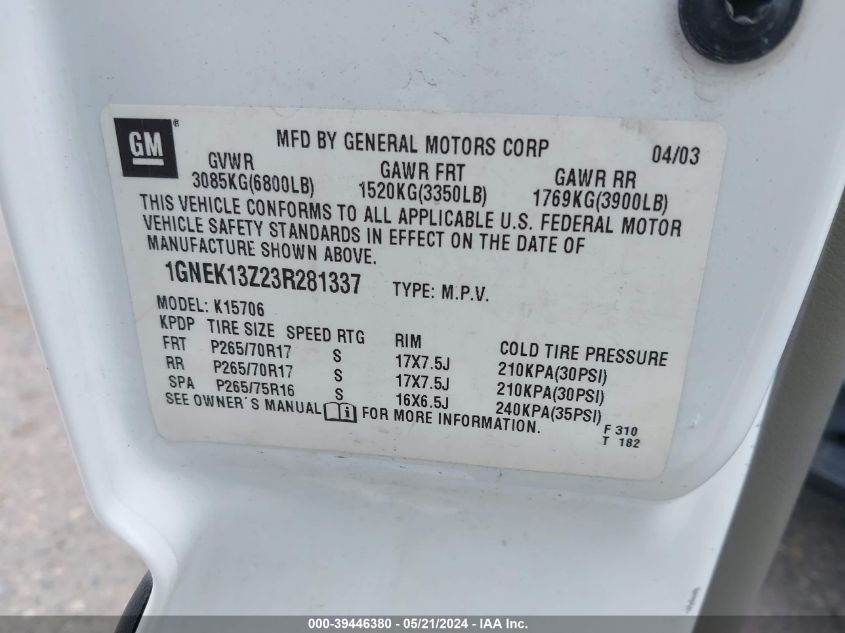 2003 Chevrolet Tahoe K1500 VIN: 1GNEK13Z23R281337 Lot: 39446380