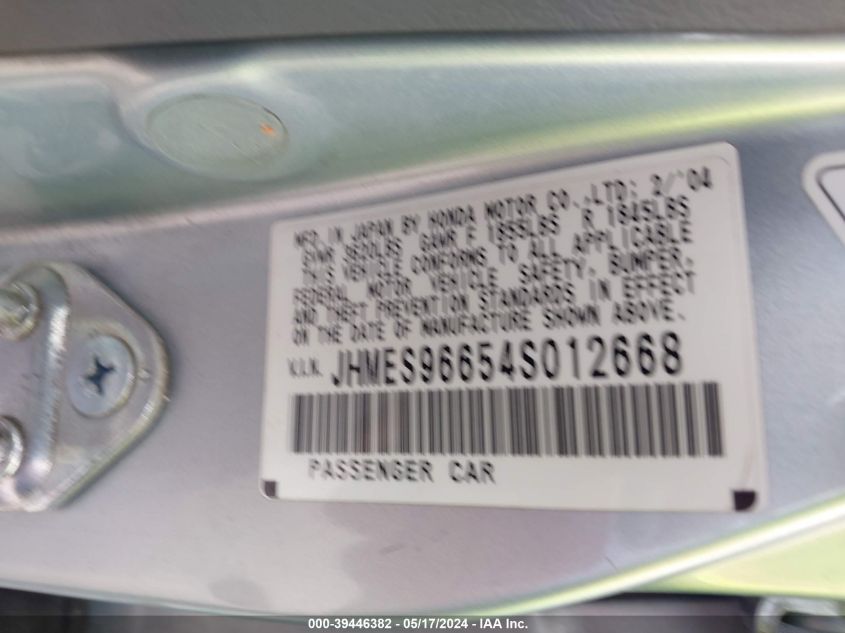 2004 Honda Civic Hybrid VIN: JHMES96654S012668 Lot: 39446382