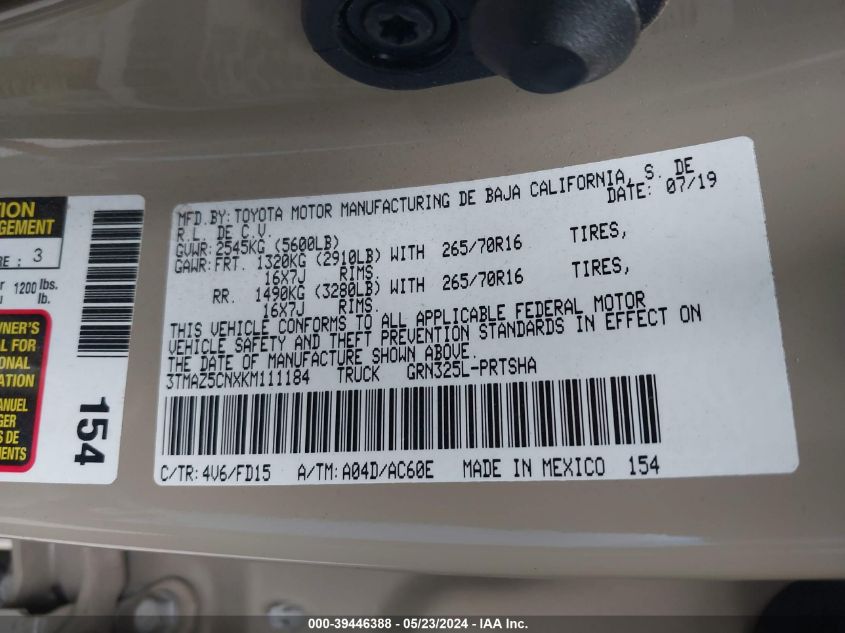 2019 Toyota Tacoma Trd Off Road VIN: 3TMAZ5CNXKM111184 Lot: 39446388