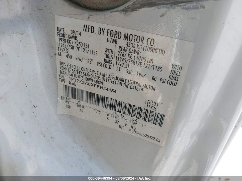2015 Ford F-250 Xl VIN: 1FT7X2A6XFEB54154 Lot: 39446394