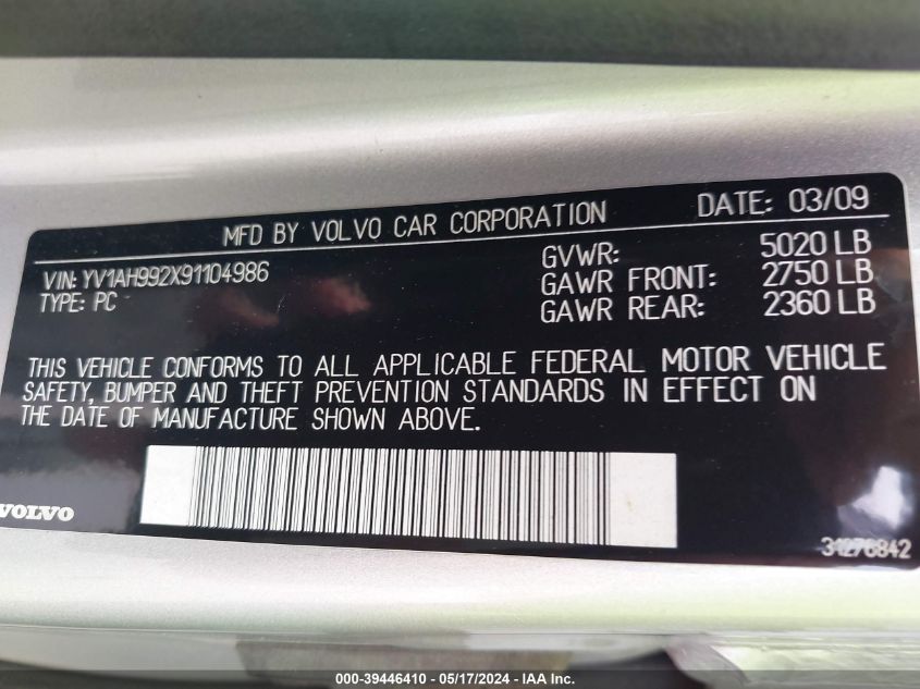 2009 VOLVO S80 VIN: YV1AH992X91104986