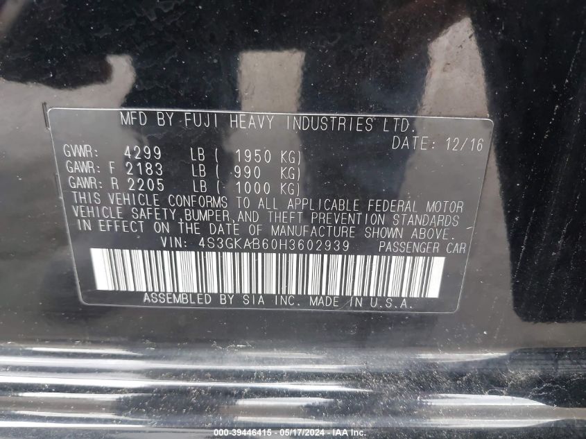 2017 Subaru Impreza 2.0I Premium VIN: 4S3GKAB60H3602939 Lot: 39446415