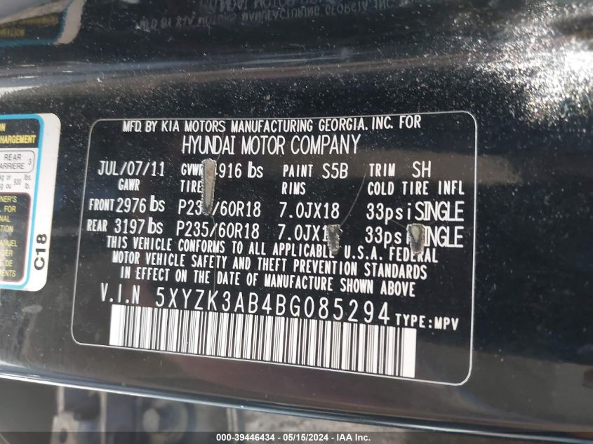 2011 Hyundai Santa Fe Limited VIN: 5XYZK3AB4BG085294 Lot: 39446434