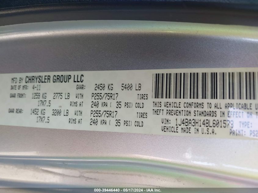 2011 Jeep Wrangler Unlimited Sport VIN: 1J4BA3H14BL601573 Lot: 39446440