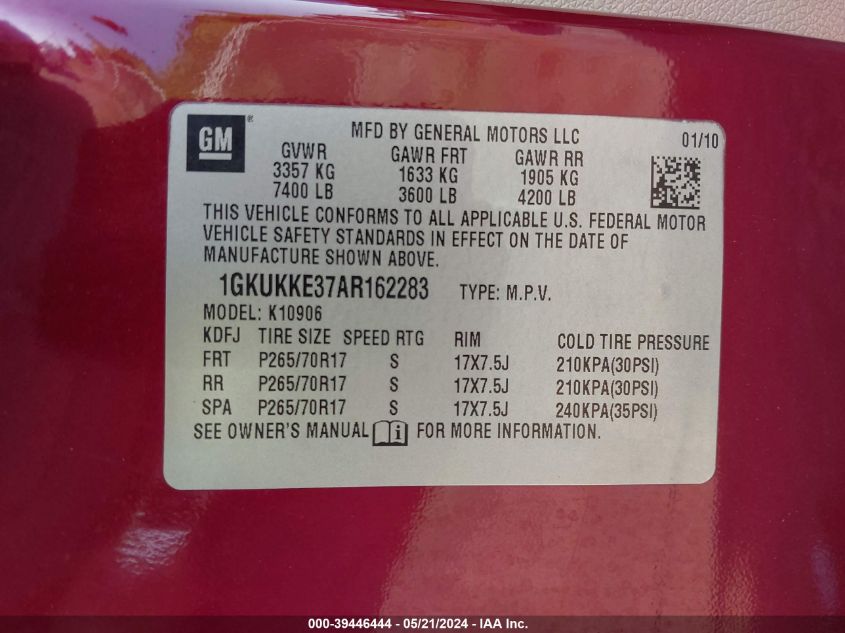2010 GMC Yukon Xl 1500 Slt VIN: 1GKUKKE37AR162283 Lot: 39446444