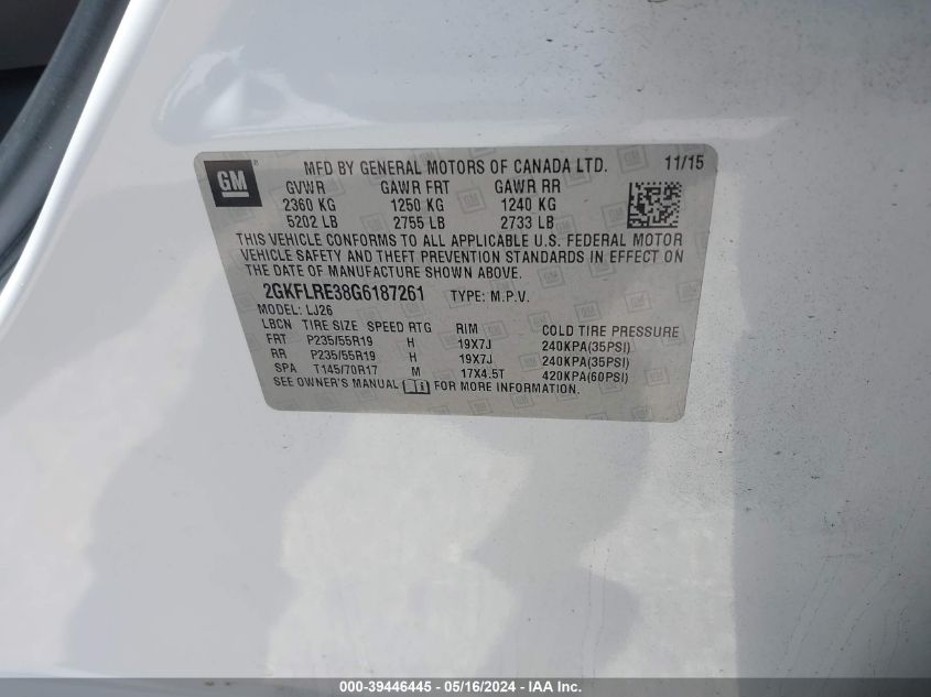 2016 GMC Terrain Denali VIN: 2GKFLRE38G6187261 Lot: 39446445