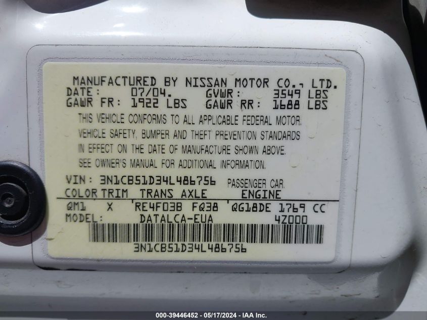 2004 Nissan Sentra 1.8 VIN: 3N1CB51D34L486756 Lot: 39446452