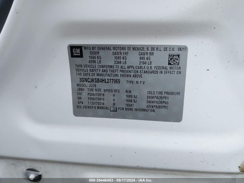 2017 Chevrolet Trax Ls VIN: 3GNCJKSB4HL277969 Lot: 39446453