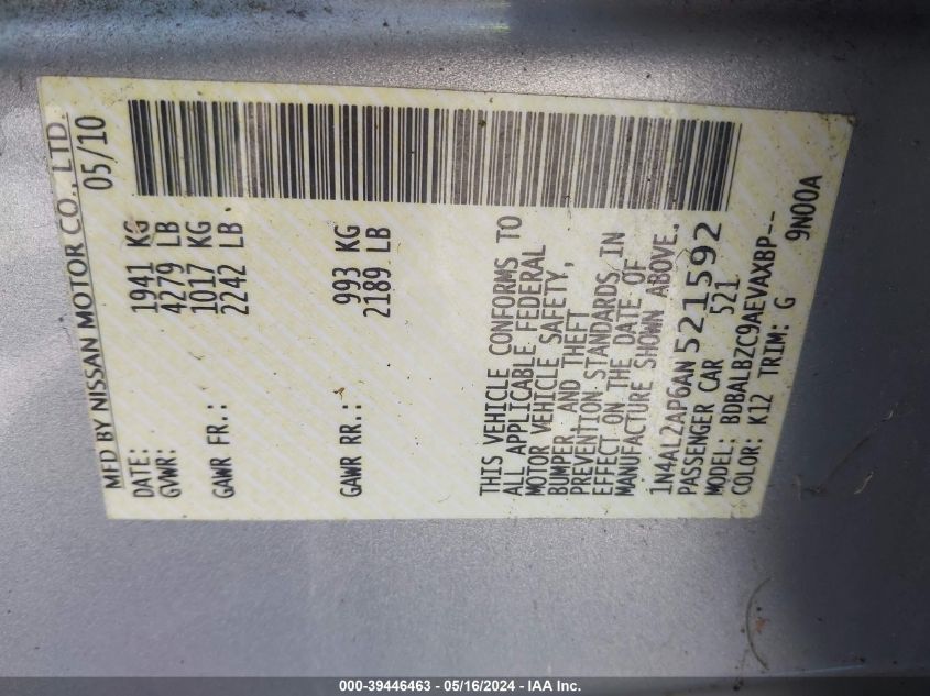 2010 Nissan Altima 2.5 S VIN: 1N4AL2AP6AN521592 Lot: 39446463