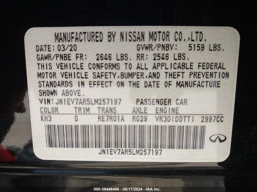 2020 Infiniti Q50 Luxe Awd VIN: JN1EV7AR5LM257197 Lot: 39446486