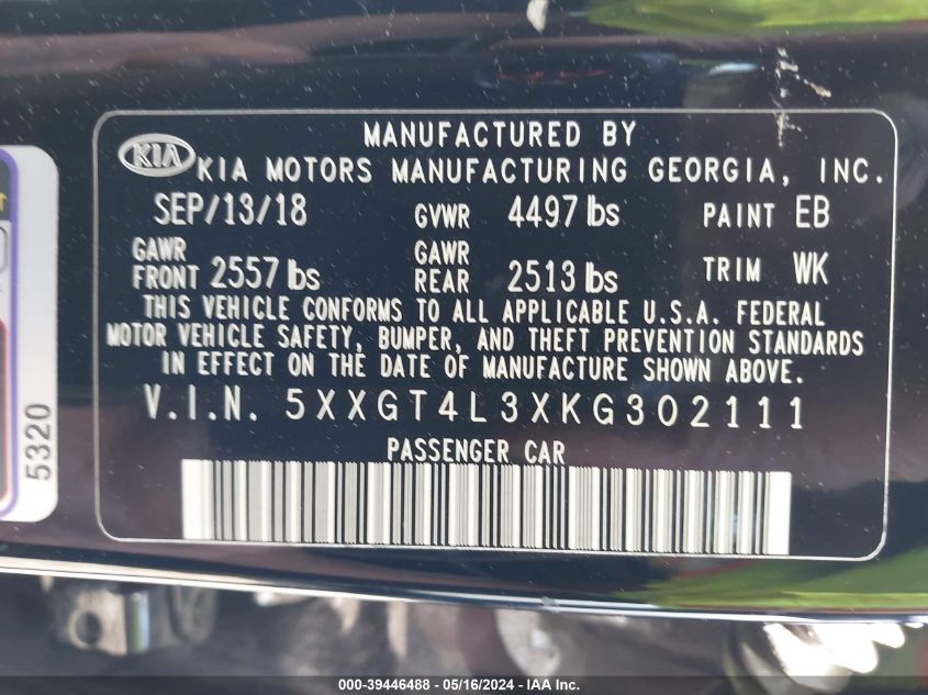 2019 Kia Optima S VIN: 5XXGT4L3XKG302111 Lot: 39446488