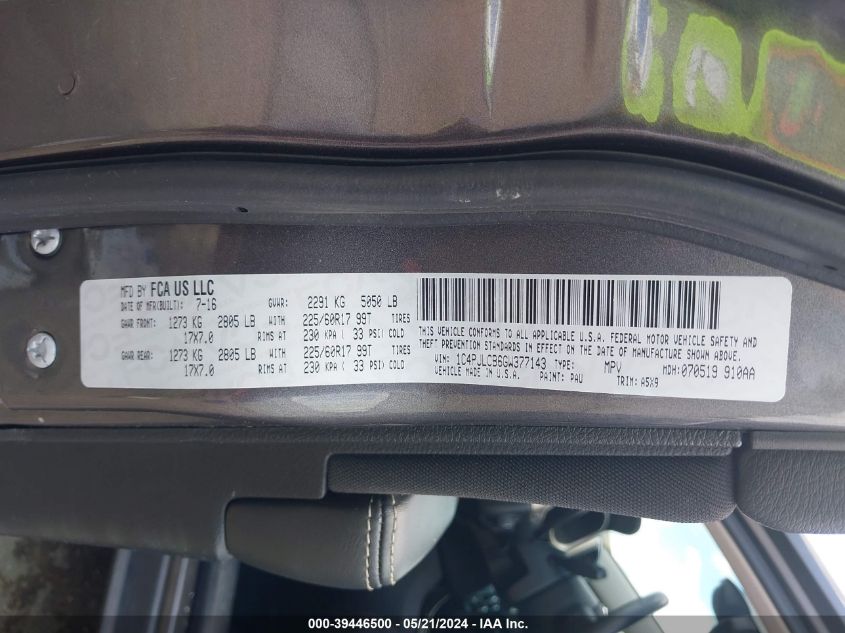 2016 Jeep Cherokee Latitude VIN: 1C4PJLCB6GW377143 Lot: 39446500