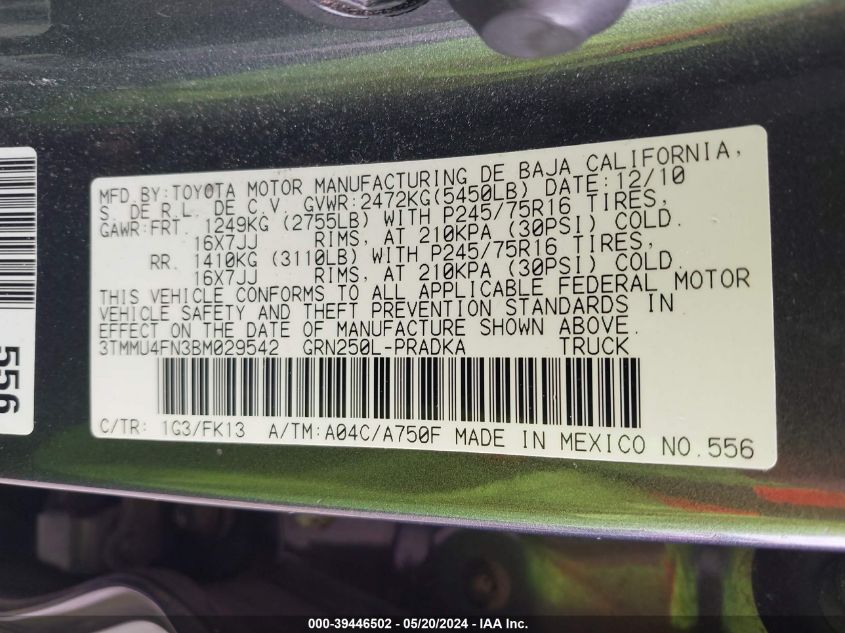 2011 Toyota Tacoma Base V6 VIN: 3TMMU4FN3BM029542 Lot: 39446502