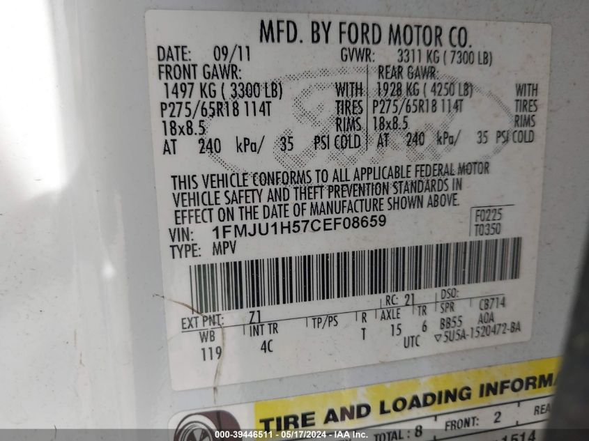 2012 Ford Expedition Xlt VIN: 1FMJU1H57CEF08659 Lot: 39446511