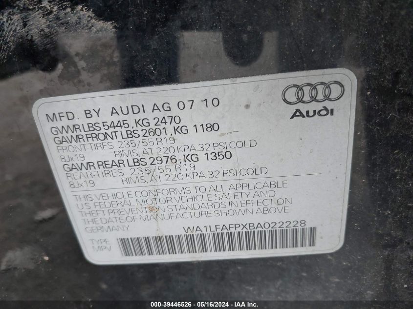 2011 Audi Q5 2.0T Premium VIN: WA1LFAFPXBA022228 Lot: 39446526