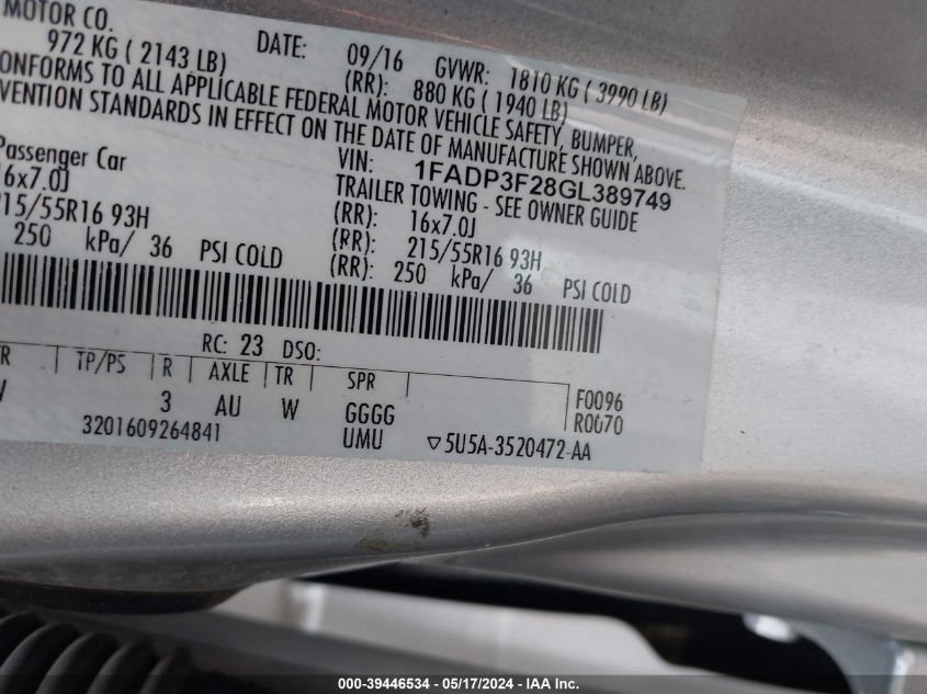 2016 Ford Focus Se VIN: 1FADP3F28GL389749 Lot: 39446534