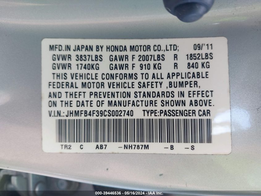 2012 Honda Civic Hybrid VIN: JHMFB4F39CS002740 Lot: 39446536