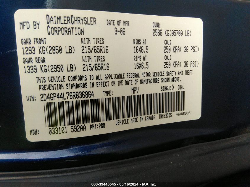 2006 Dodge Grand Caravan Sxt VIN: 2D4GP44L76R836864 Lot: 39446545