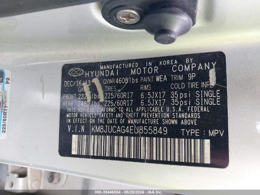 2014 Hyundai Tucson Se VIN: KM8JUCAG4EU855849 Lot: 39446554