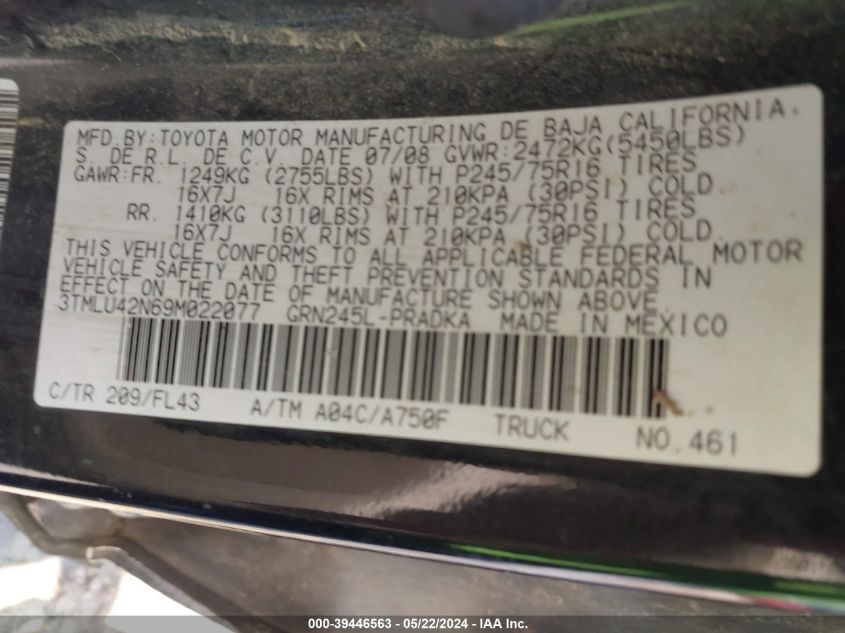 2009 Toyota Tacoma Base V6 VIN: 3TMLU42N69M022077 Lot: 39446563