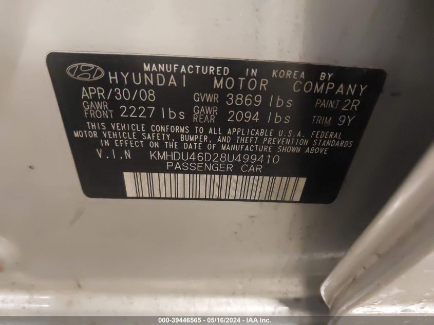 2008 Hyundai Elantra Gls/Se VIN: KMHDU46D28U499410 Lot: 39446565