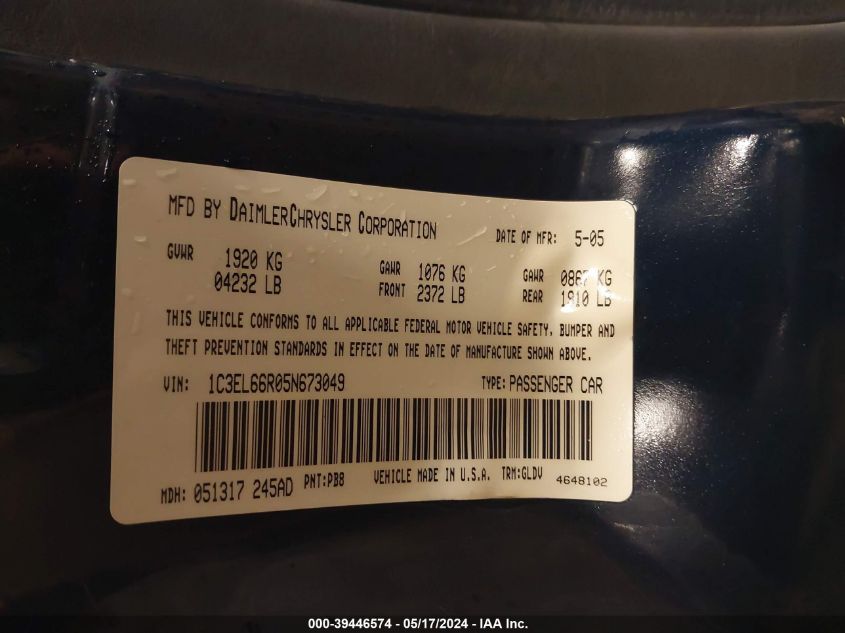 2005 Chrysler Sebring Limited VIN: 1C3EL66R05N673049 Lot: 39446574