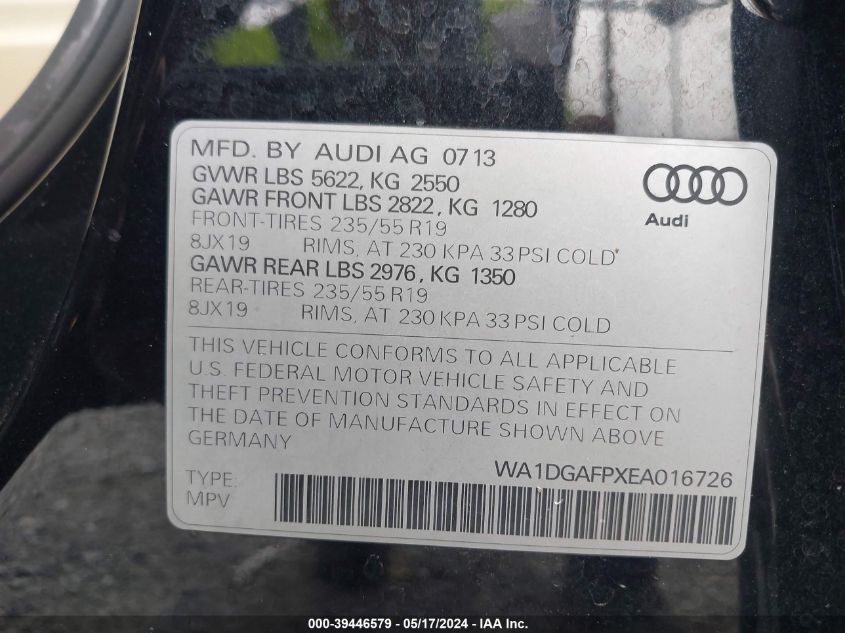 2014 Audi Q5 3.0T Premium Plus VIN: WA1DGAFPXEA016726 Lot: 39446579