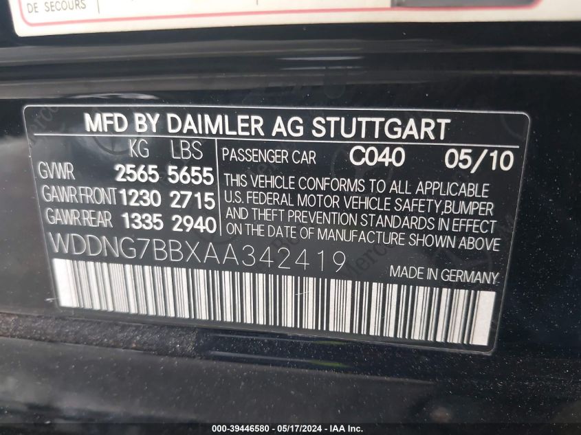 2010 Mercedes-Benz S-Class S 550 VIN: WDDNG7BBXAA342419 Lot: 39446580