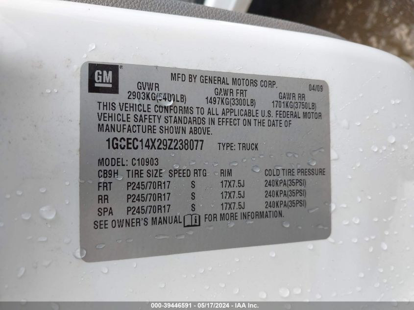 2009 Chevrolet Silverado 1500 Work Truck VIN: 1GCEC14X29Z238077 Lot: 39446591