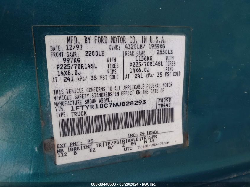 1998 Ford Ranger Splash/Xl/Xlt VIN: 1FTYR10C7WUB28293 Lot: 39446603